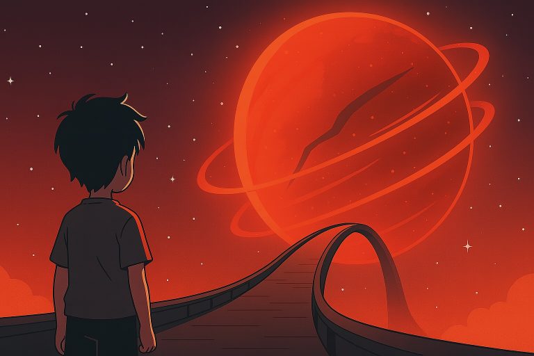 Father and son standing in a dark canyon, illuminated by a mysterious glowing crystal in The Windows Across Worlds – Chapter 1.