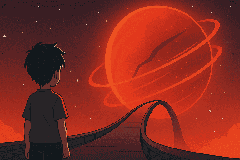 A young boy stares at a glowing planet from afar, evoking mystery and cosmic wonder.