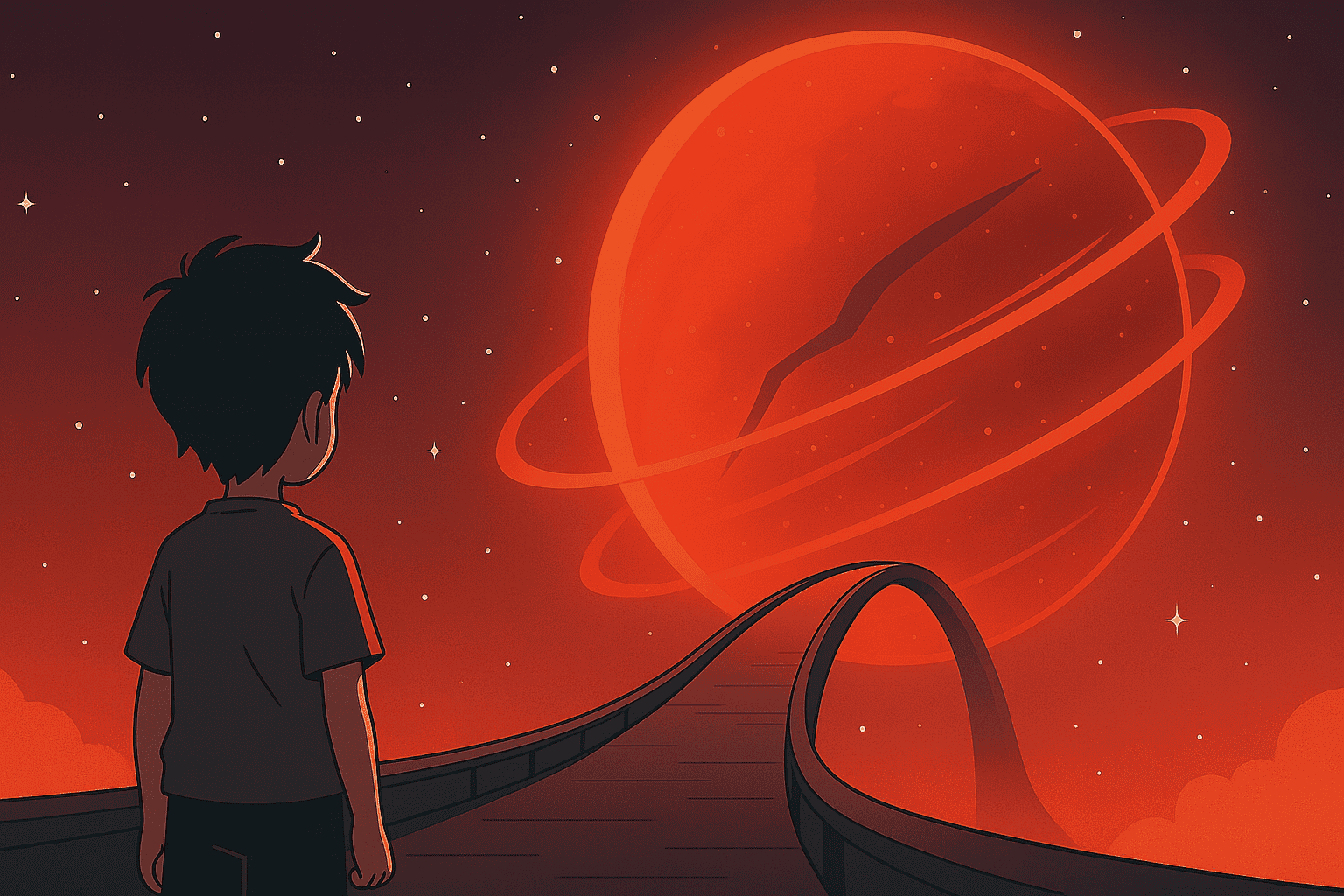 A young boy stares at a glowing planet from afar, evoking mystery and cosmic wonder.