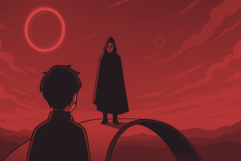 Man meets mysterious Gatekeeper on a floating bridge – Windows to the Multiverse Chapter 2 illustration