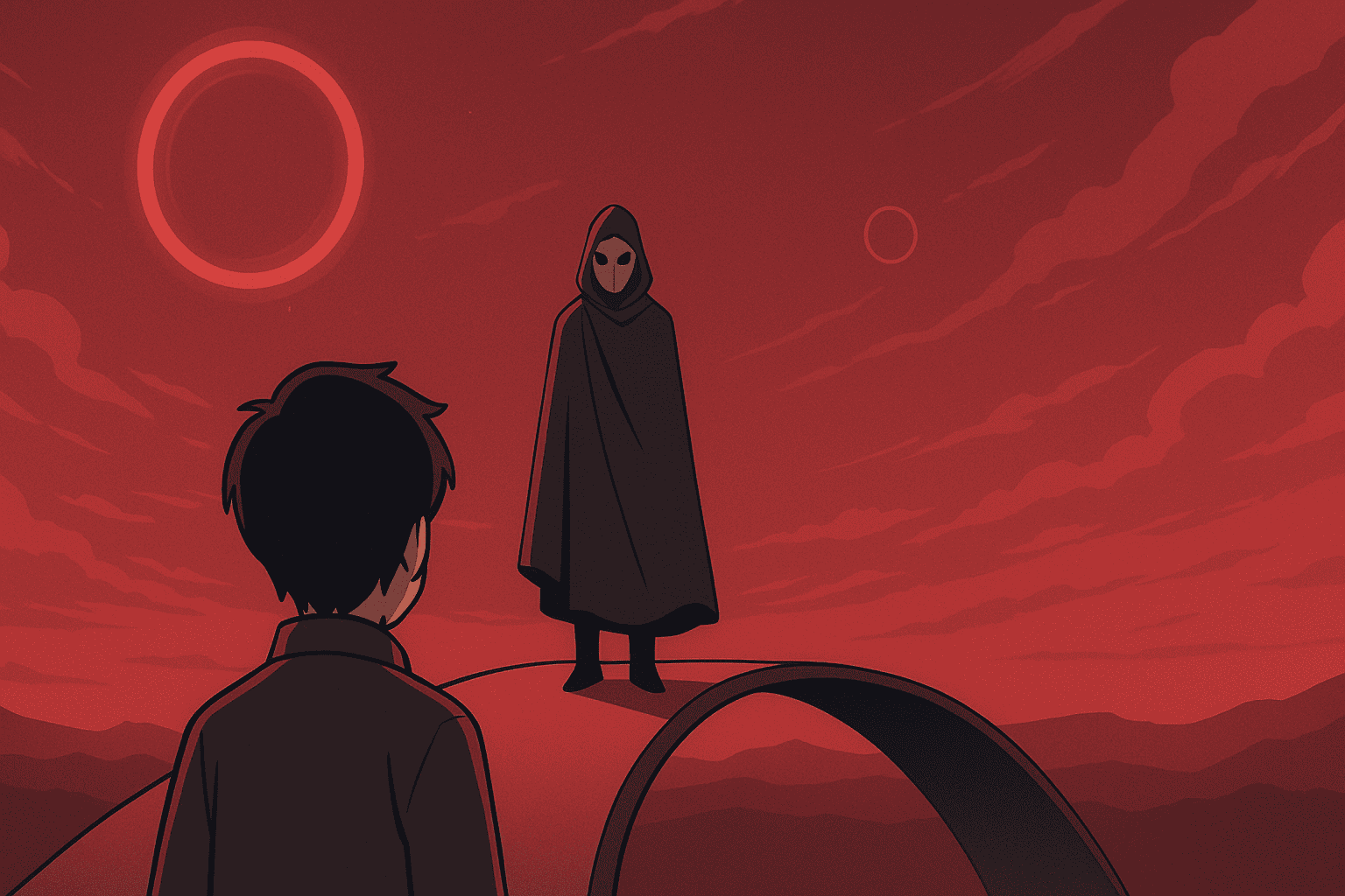Man meets mysterious Gatekeeper on a floating bridge – Windows to the Multiverse Chapter 2 illustration