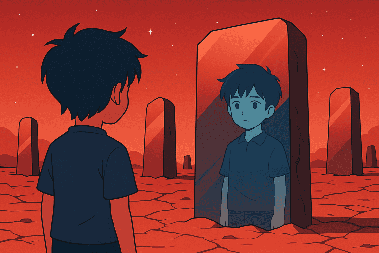 A man stands in a red field of living mirrors, facing a mysterious girl in a silver suit, with blue light glowing from the mirrors behind her.