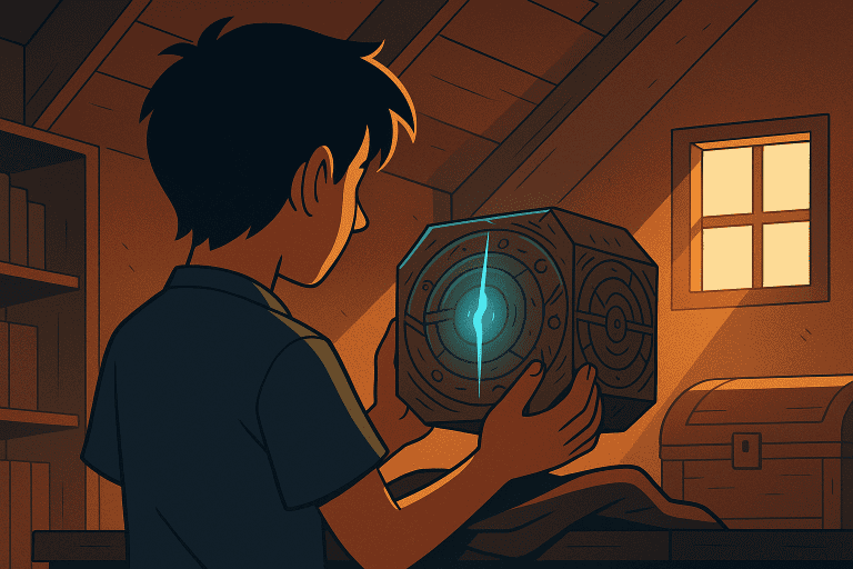 A mysterious attic scene with warm light casting across an old wooden floor, where a man discovers a glowing mechanical cube emitting soft blue light.