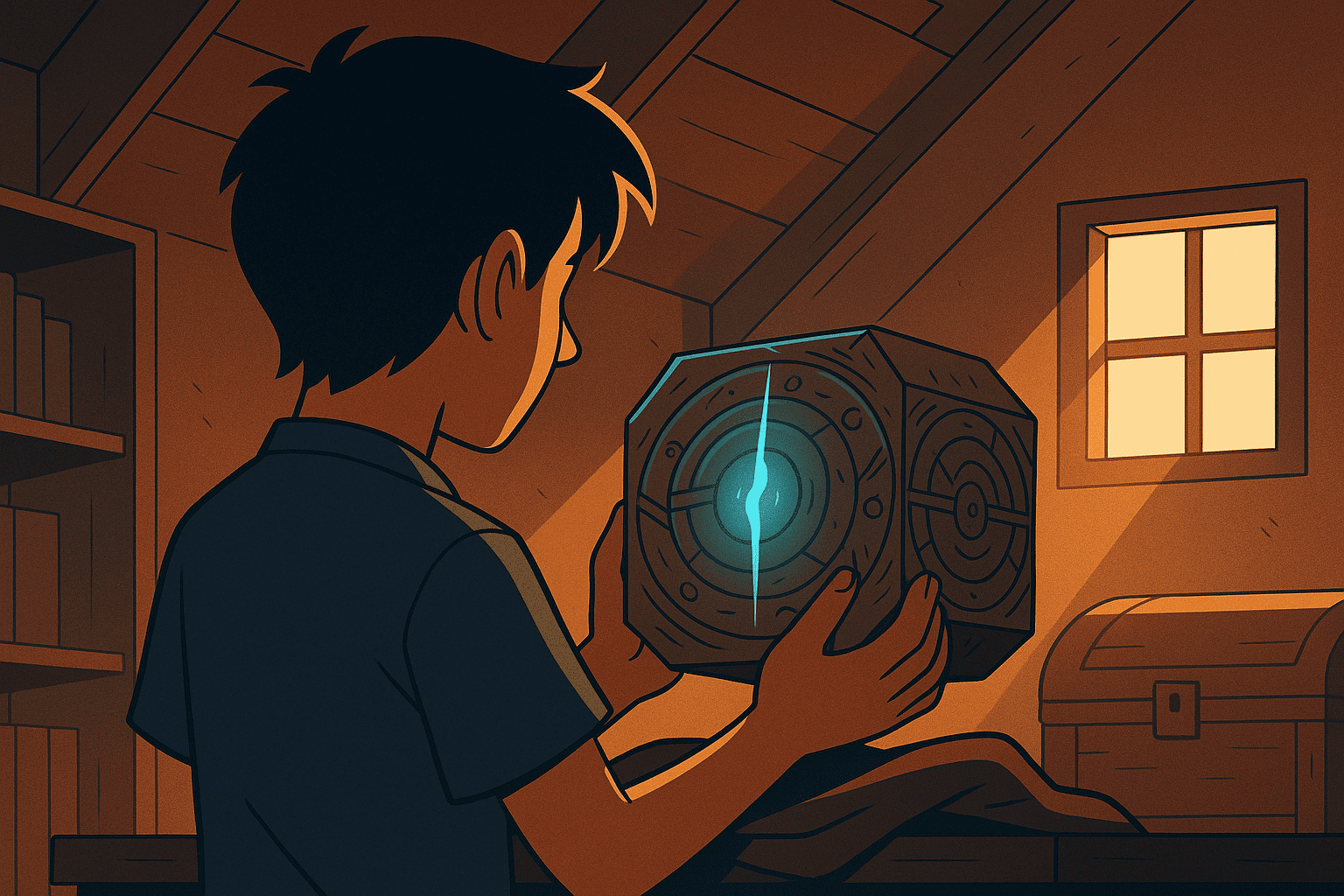 A mysterious attic scene with warm light casting across an old wooden floor, where a man discovers a glowing mechanical cube emitting soft blue light.