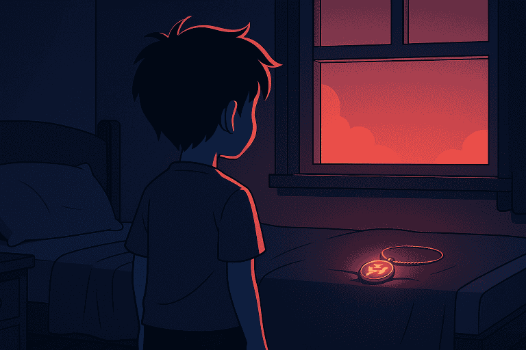 A young boy gazes at a glowing silver dragon-shaped necklace, with swirling light in the background, suggesting a mysterious disappearance.