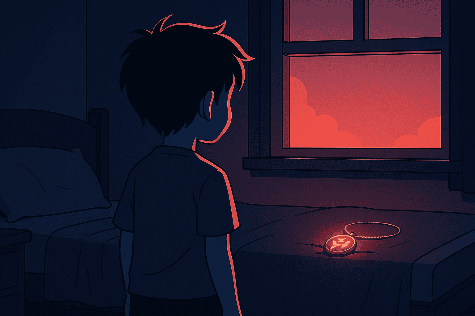 A young boy gazes at a glowing silver dragon-shaped necklace, with swirling light in the background, suggesting a mysterious disappearance.