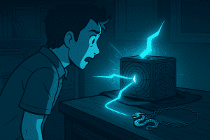 A stylized digital illustration of a glowing dragon-shaped pendant on a table, connected by a stream of light to a mysterious metallic model with circular rings, set against a shadowy, dreamlike room.