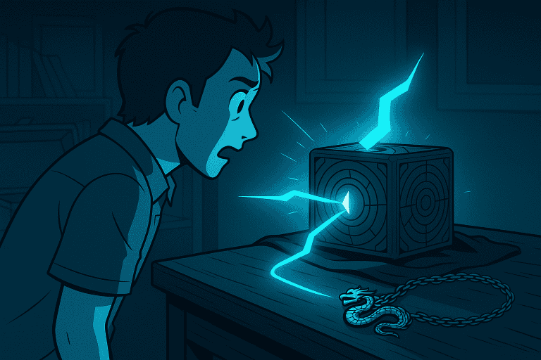 A stylized digital illustration of a glowing dragon-shaped pendant on a table, connected by a stream of light to a mysterious metallic model with circular rings, set against a shadowy, dreamlike room.