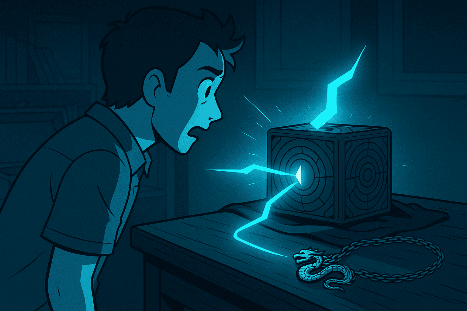 A stylized digital illustration of a glowing dragon-shaped pendant on a table, connected by a stream of light to a mysterious metallic model with circular rings, set against a shadowy, dreamlike room.