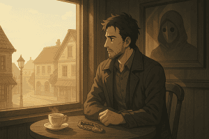 A man stands in a quiet, misty 19th-century-style town, surrounded by cobblestone streets, vintage buildings, and oil lamps. His shadow stretches behind him as he looks ahead, uncertain and alone.