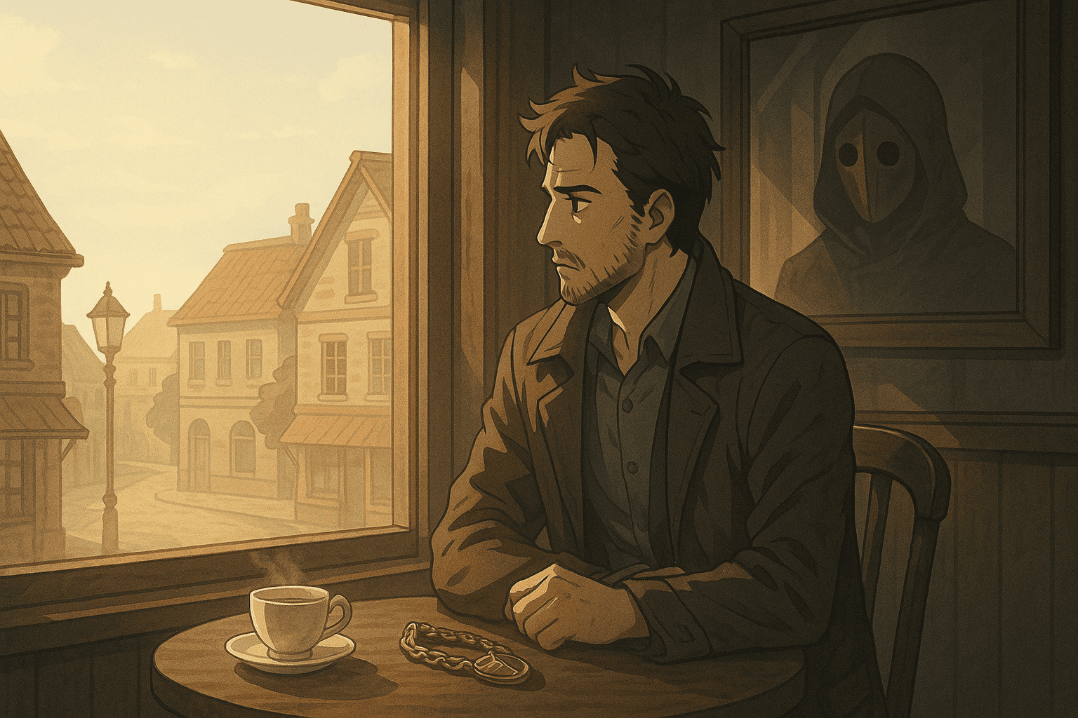 A man stands in a quiet, misty 19th-century-style town, surrounded by cobblestone streets, vintage buildings, and oil lamps. His shadow stretches behind him as he looks ahead, uncertain and alone.