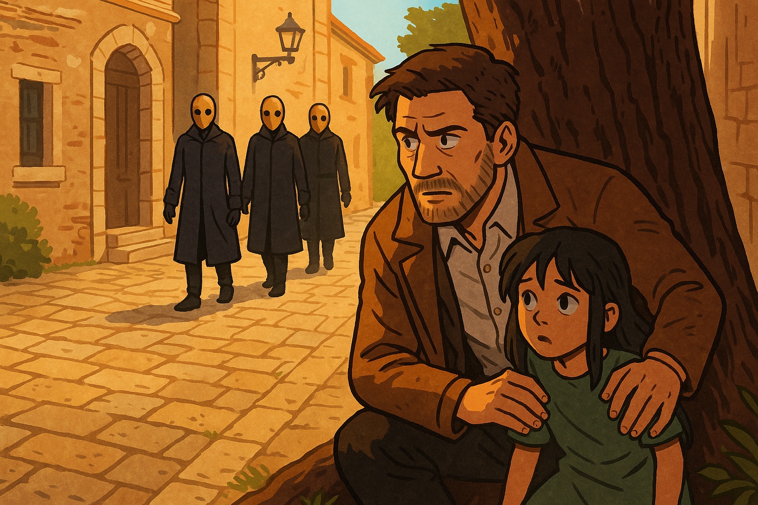 A man and a young girl hide behind a large tree while watching three masked figures approach from a quiet cobblestone alley in a mysterious village.