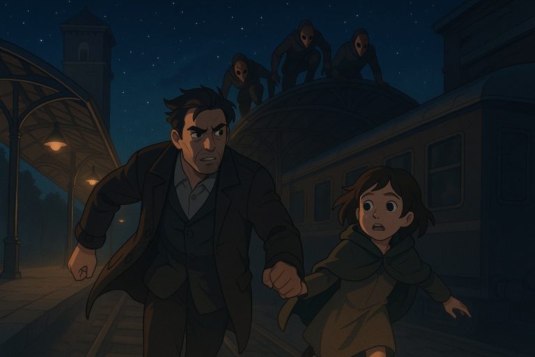 A man and a young girl run across a dimly lit train platform at night as masked pursuers descend from the rooftop behind them.