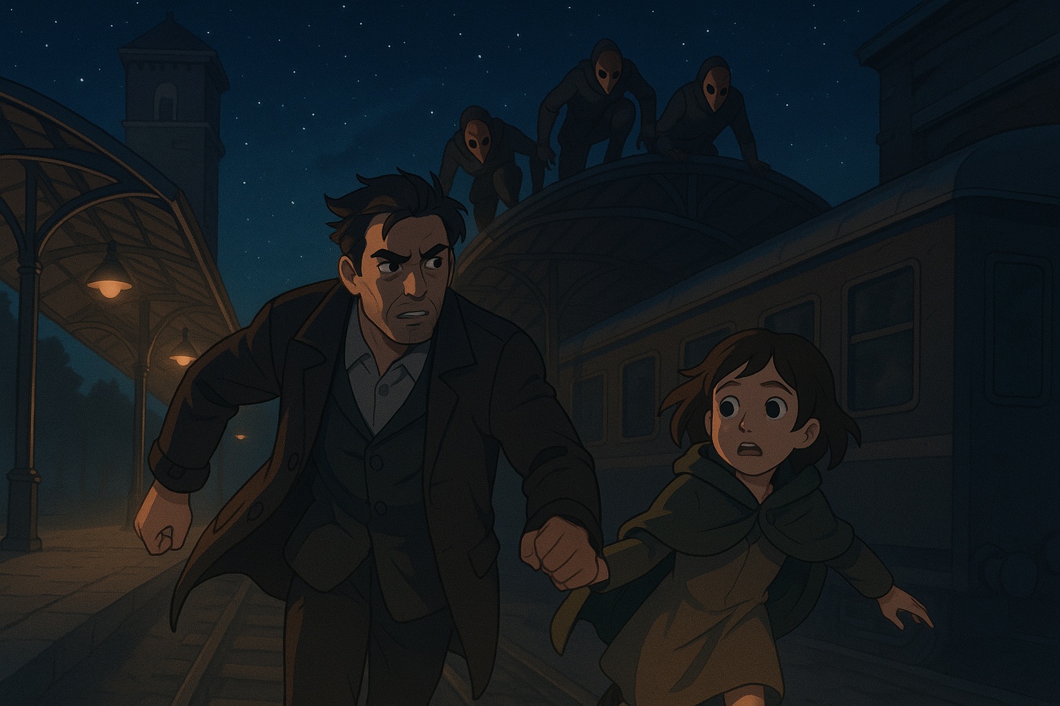 A man and a young girl run across a dimly lit train platform at night as masked pursuers descend from the rooftop behind them.