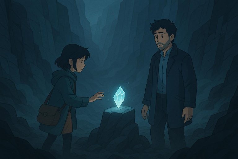 A semi-realistic digital painting of a mysterious canyon with fractured rock walls, where a young man and a girl named Wind examine a glowing memory shard on a crystal surface.