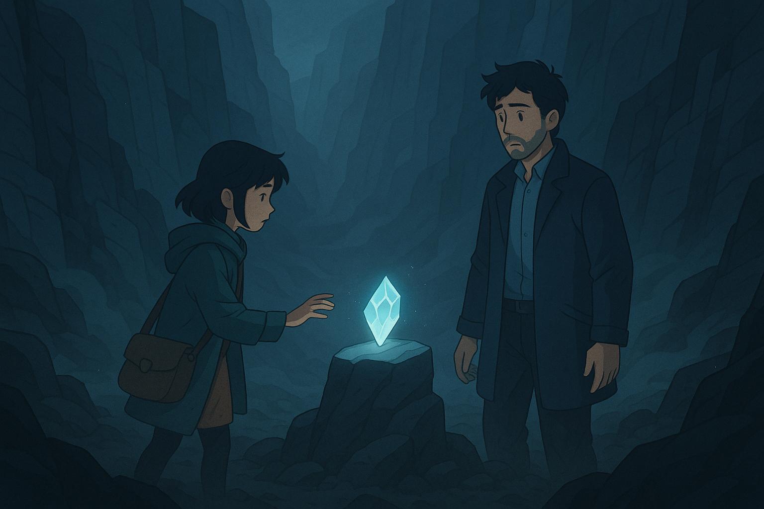 A semi-realistic digital painting of a mysterious canyon with fractured rock walls, where a young man and a girl named Wind examine a glowing memory shard on a crystal surface.