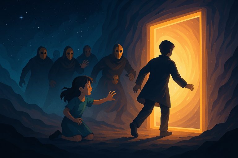 Animated digital painting of a man standing before a vast, star-filled void, facing a glowing rift that hums with energy, while a mysterious figure watches from the shadows.