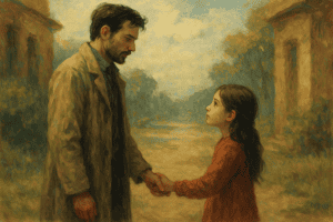 A man and a young girl holding hands in a misty, dreamlike village path, symbolizing a quiet moment of connection and hidden memory.