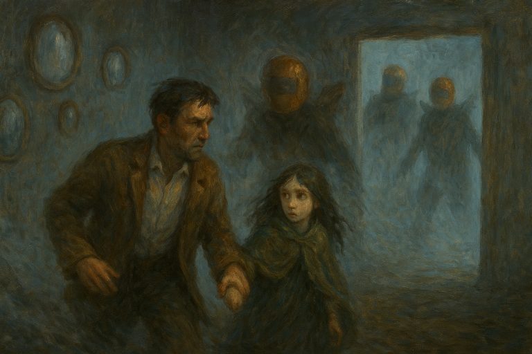 Protagonist and Wind in the Reflection Room, surrounded by mirrors showing fragmented memories of his missing son, as bronze-helmed Watchers emerge from the shadows.