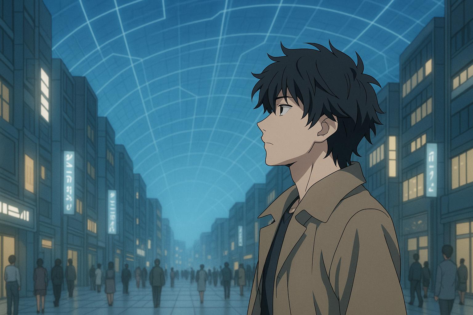Anime illustration of a young man walking through a futuristic city beneath a glowing blue dome with electric patterns, inspired by Chapter 16 of The Windows Across Worlds.