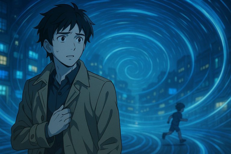 Anime illustration of a young man in a beige coat standing in a warped futuristic city, with blue time vortex spirals swirling overhead as a child runs past.