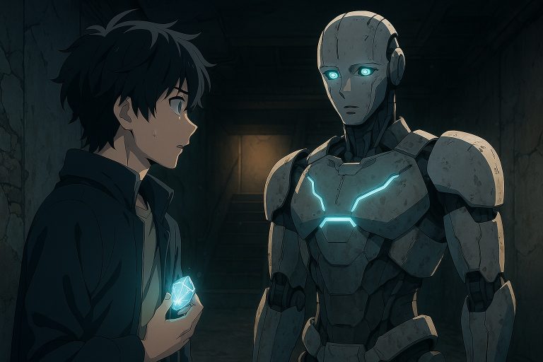 Anime illustration of a mysterious basement scene from The Windows Across Worlds Chapter 18, featuring a glowing mechanical core and a character holding a fragment of memory.