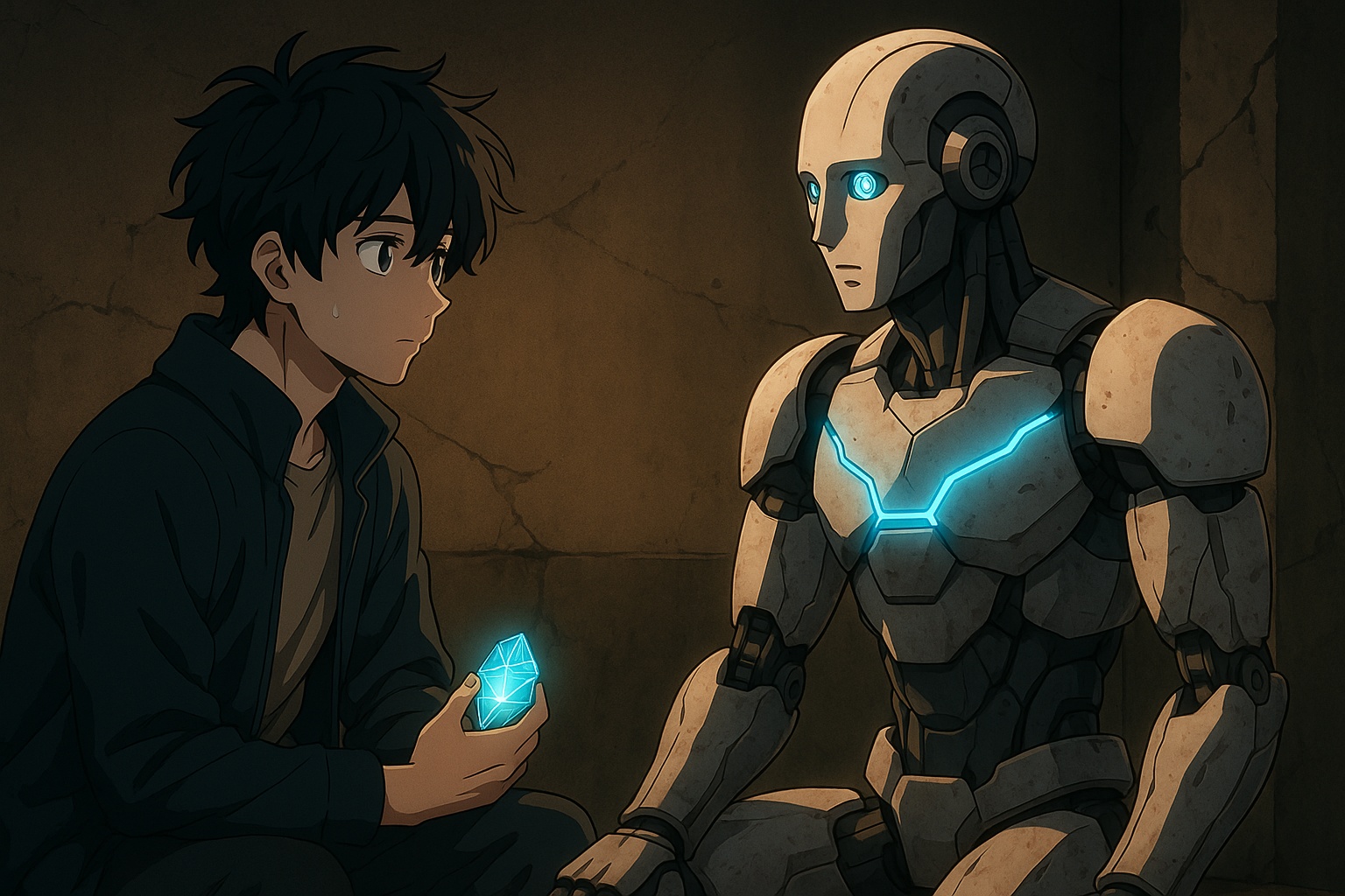 illustration of a young man holding a glowing memory fragment, sitting across from a humanoid AI robot in a dim basement, inspired by Chapter 19 "The Network" from The Windows Across Worlds.