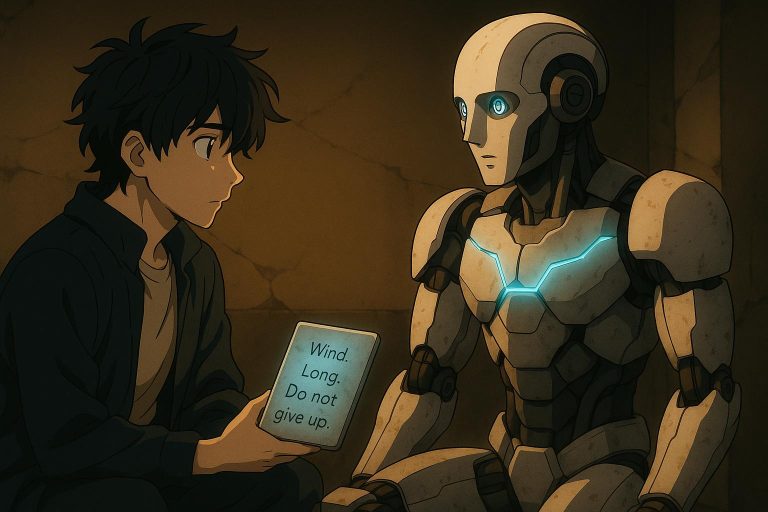 Anime illustration of a father holding a silver alloy plate engraved with the words “Wind. Long. Do not give up.” glowing faintly in a dark futuristic setting.
