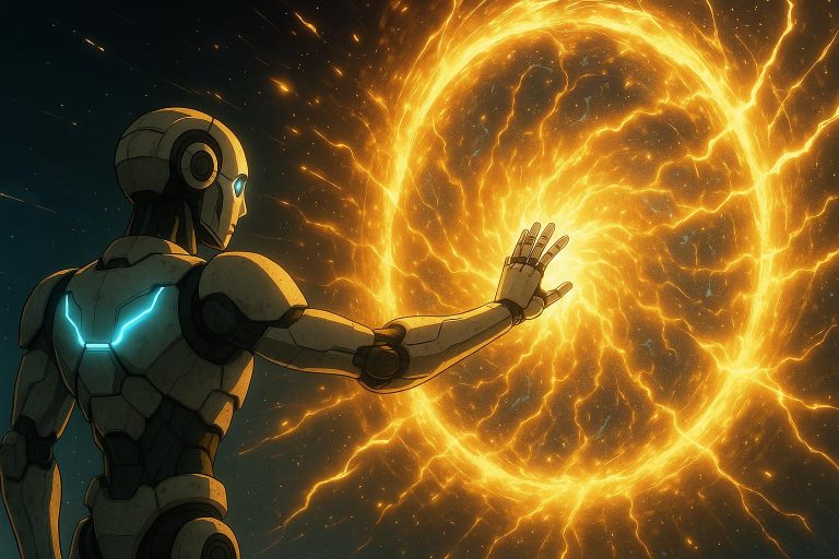 Anime illustration of AI touching the dome’s core, unleashing radiant light that forms The Gate of Light in Windows Across Worlds Chapter 21.