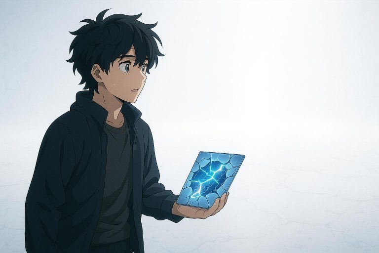 Anime-style illustration of a lone figure standing in a vast white void, holding a glowing silver alloy fragment with a fractured holographic map of realities, symbolizing The Remaining Path in Windows Across Worlds Chapter 22.