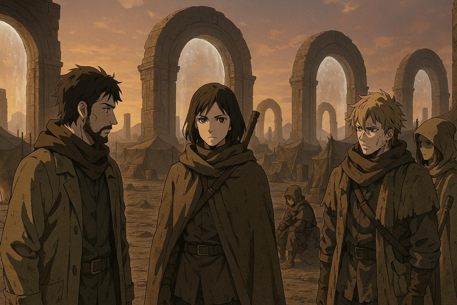 Anime art of survival travelers at the Ten-Gate Realm, standing beneath colossal glowing portals at dusk.