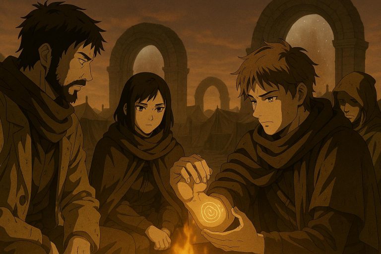 Anime illustration of the Mark of Echoes in the Ten-Gate Realm, glowing sigil linked to collapsing realms and missing son mystery.