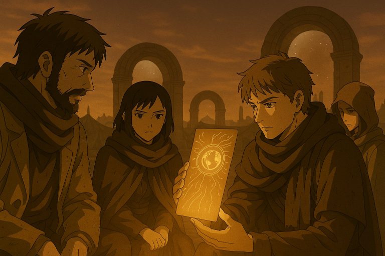 Anime illustration of the Singularity Map glowing in the Ten-Gate Realm, revealing Earth’s rising memory-energy mystery.