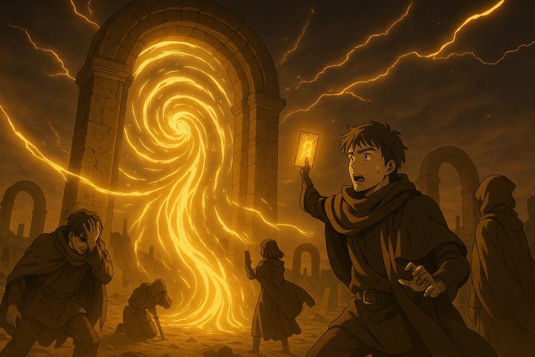 Anime illustration of the Threshold of Memory, glowing gates and Wanderers revealing Earth’s approaching memory-energy limit.