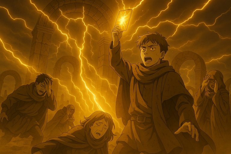 Anime illustration of The Betrayal in the Ten-Gate Realm, where a possessed Wanderer seizes the Singularity Map amid chaos.