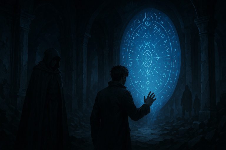 Illustration for Chapter 35 The Memory Vessel: a ruined Custodian hall, the father facing ancient symbols, as hidden factions plot in The Primordial Memory Map.