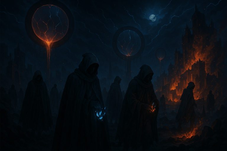 Illustration for Chapter 36 The Betrayal Faction: burning Custodian stronghold, collapsing Gates, and gray-cloaked figures collecting memory shards.