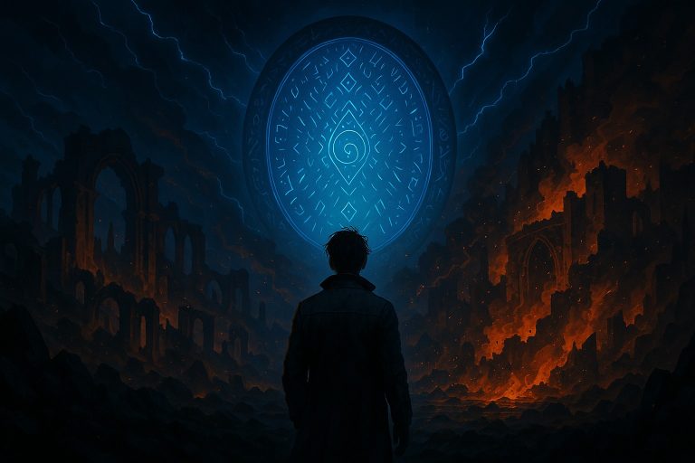 Illustration for Chapter 37 Shattered Memories: fractured dreams, collapsing Gates, and visions of the Primordial Window haunting the father’s mind.