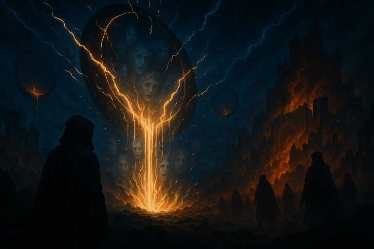 Illustration for Chapter 39 The Shaken Singularity: collapsing Gates releasing memory energy, Hidden Faction emerging amid chaos across broken realms.