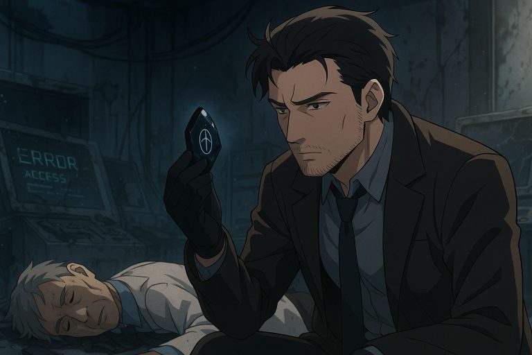 Anime-style illustration of Elias, a man in a suit, examining a glowing black Memory Shard with a strange symbol, beside the body of a dead scientist in a ruined laboratory.