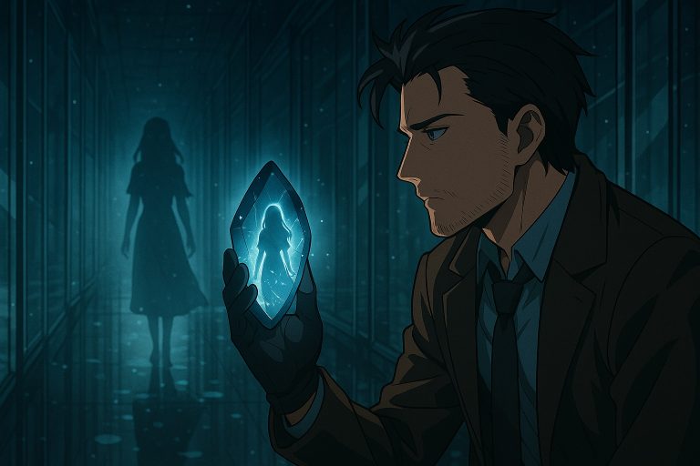 Anime-style illustration of Elias decoding a glowing Memory Shard, where a faint silhouette of a mysterious woman appears in a corridor of endless mirrors, shimmering with fractured light.