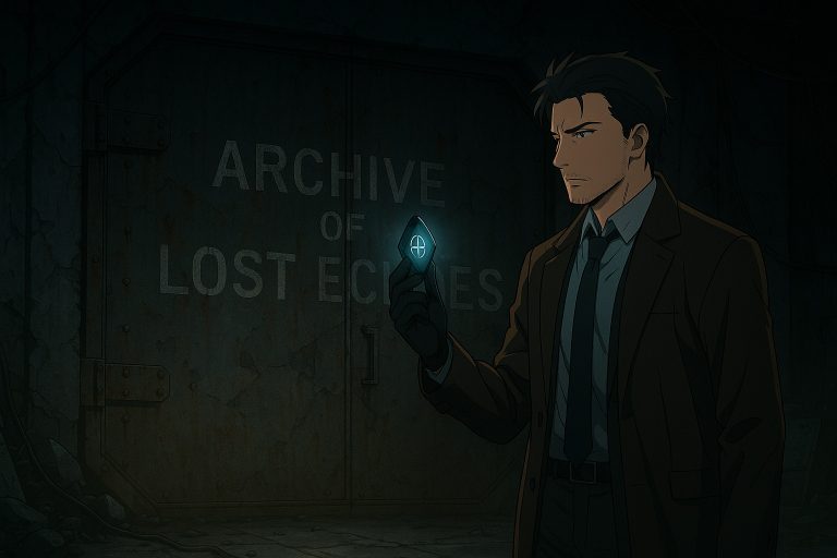 Anime-style illustration of Elias standing before a colossal rusted steel door deep underground, faintly inscribed with “Archive of Lost Echoes,” while holding a glowing Memory Shard that illuminates the dust-filled darkness.