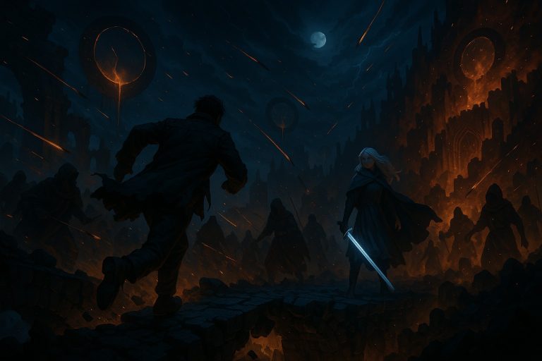Illustration for Chapter 40 The Hunted Father: the father surrounded by warring factions, rescued by Wind’s sudden return amid collapsing Gates and chaos.