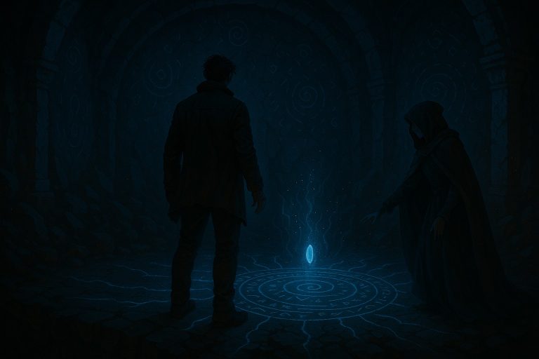 Illustration for Chapter 41 Whispers of the Primordial Guardian: the father stands in the ancient sanctum as primordial memory awakens, glowing symbols surrounding him.