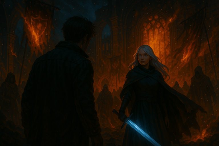 Illustration for Chapter 42 The Collapse of Faith: betrayal inside the Custodian Stronghold, burning banners, and Wind revealing her true goal amid chaos.