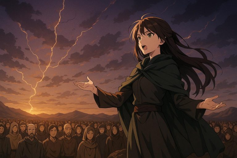 Anime illustration of Wind delivering her speech before a vast crowd under a fractured sky, symbolizing the promise of a new will.