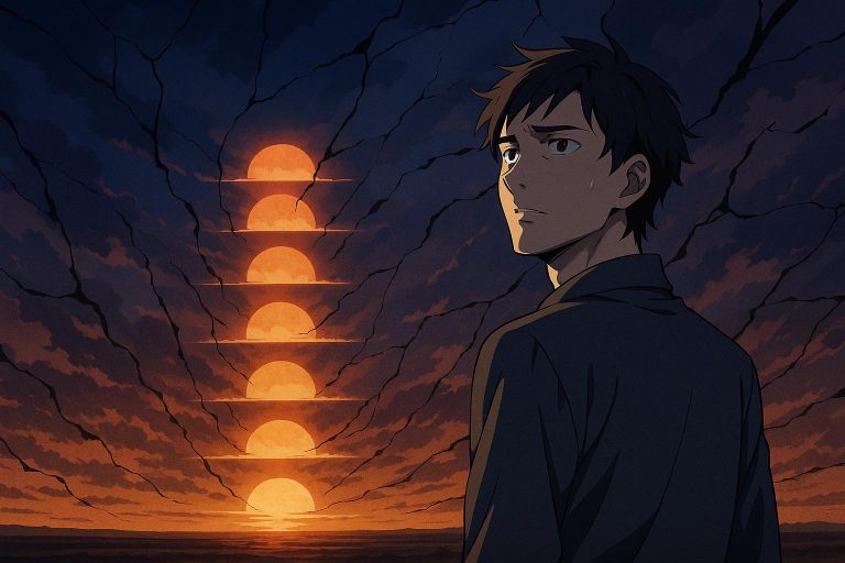 Anime illustration of a fractured sky where the sun rises again and again, the father standing still as reality loops endlessly, symbolizing suffocation.