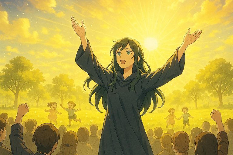 Anime illustration of Wind raising her hands before a crowd, showing visions of a flawless utopia with children laughing, radiant light, and peace.