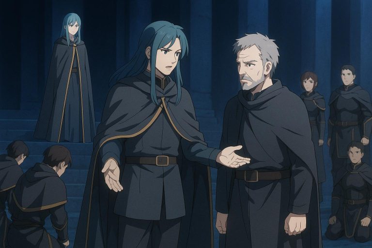 Anime illustration of Custodians divided before Wind: some kneeling in loyalty, others watching in silence, while the father confronts a former ally.