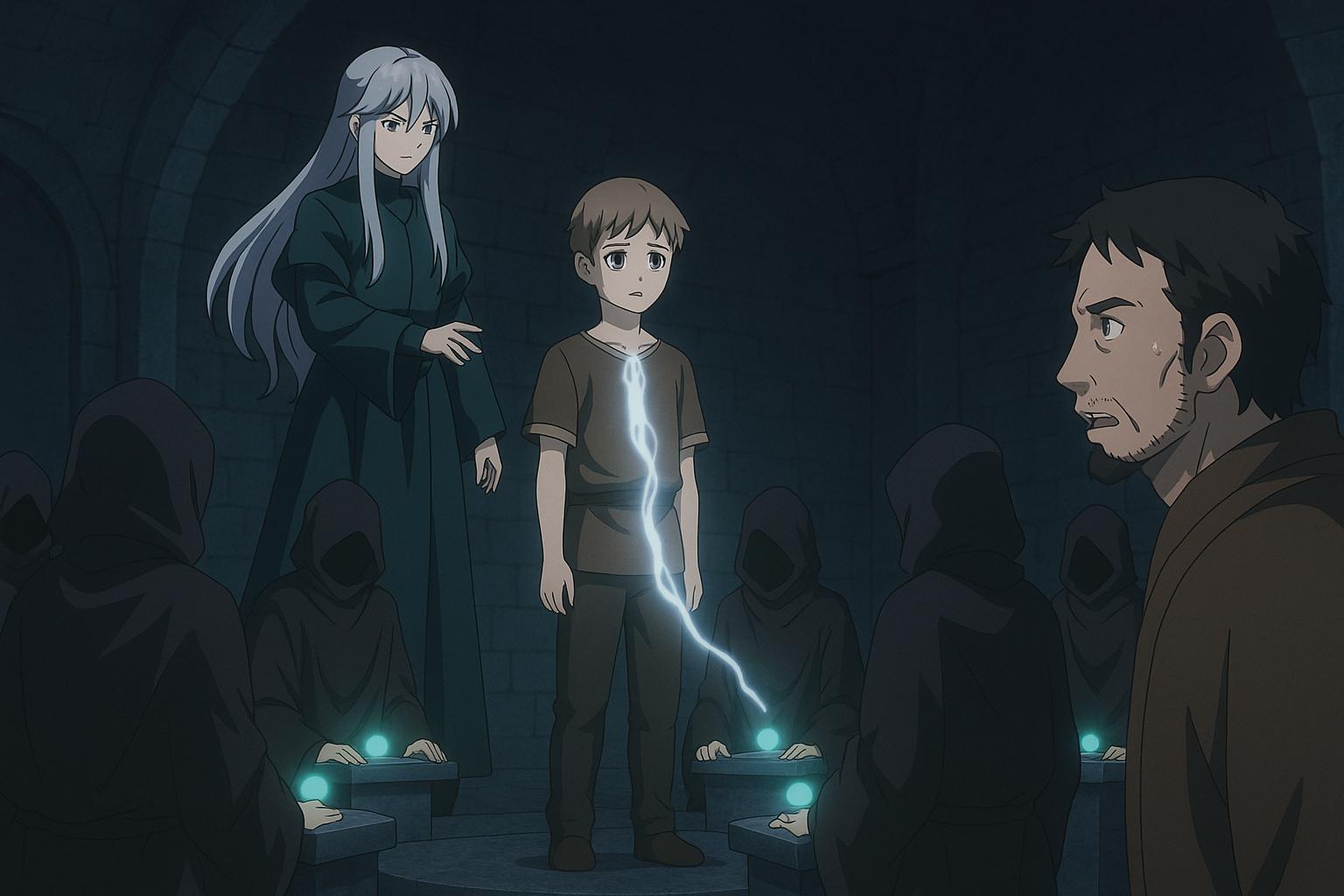 The Shadow of Selection: ritual chamber where a child’s memory is erased as the father looks on in horror.